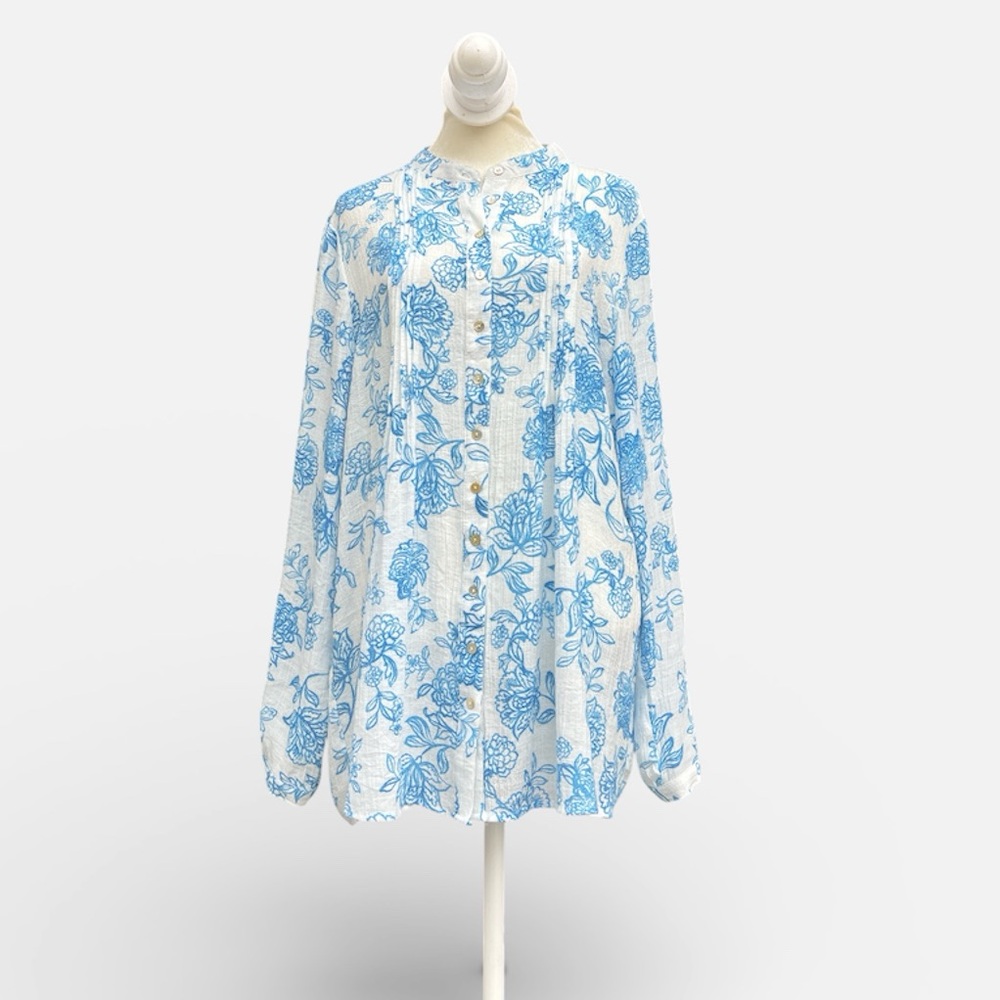 Nanette Lepore Floral Toile Print Tunic Blouse in Blue/White Size Large